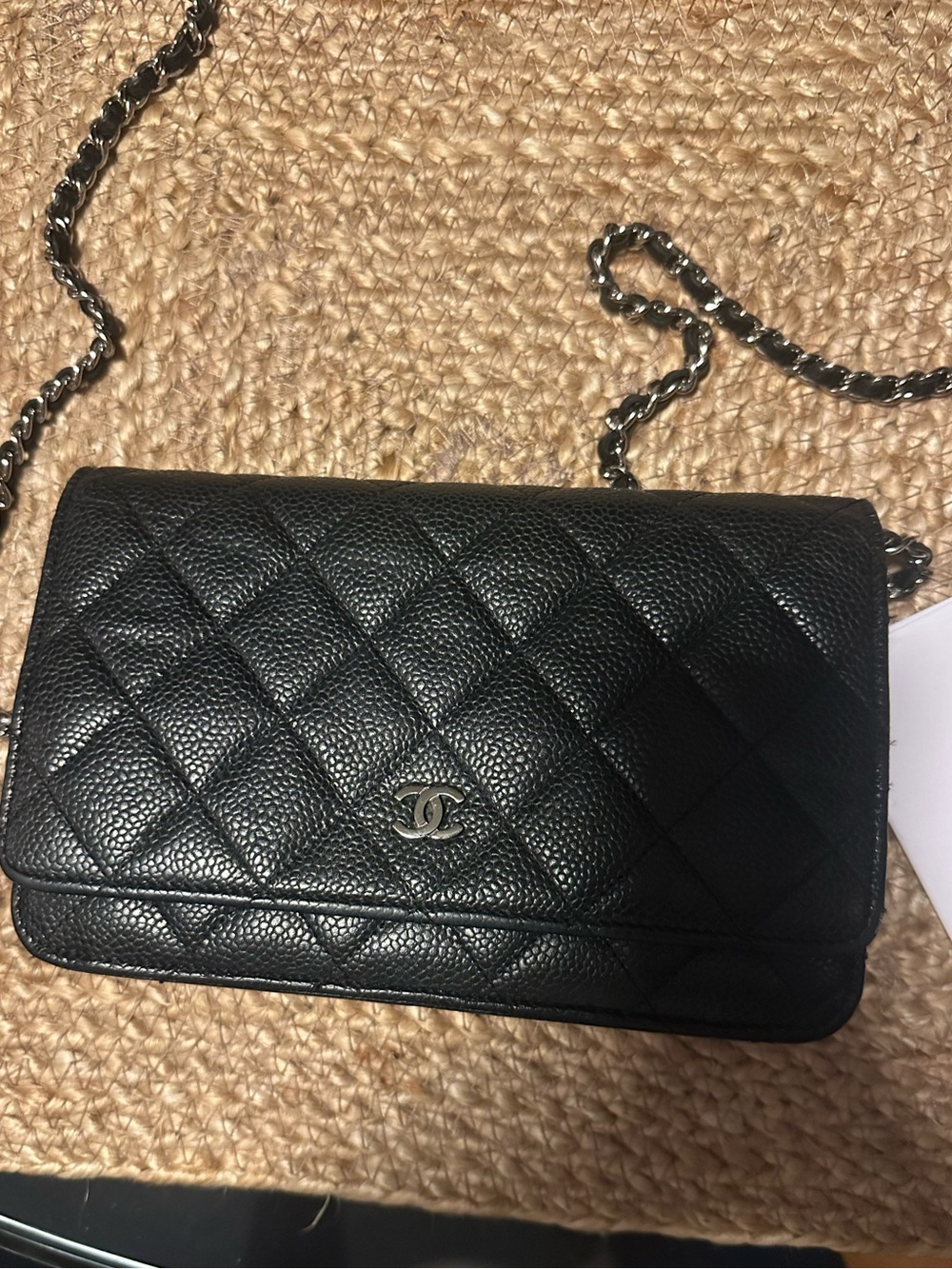 CHANEL Classic Wallet on Chain WOC Black Caviar Silver Hardware Full Set